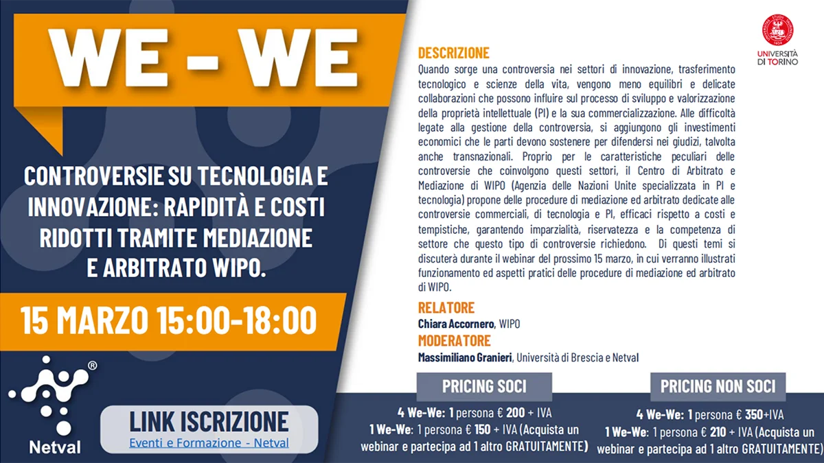 WE-WE - "Controversie su tecnologia e innovazione: rapidità e costi ridotti tramite mediazione e arbitrato WIPO"