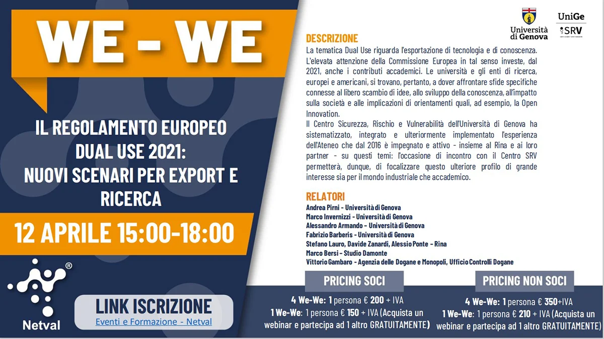 WE-WE - "Il regolamento europeo Dual Use 2021: nuovi scenari export e ricerca"